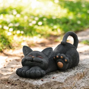 1шт Счастливый кот, Причудливый кот, Отдыхающий в саду, Статуя, Наружное украшение, Миниатюрная фигурка животного ручной работы, Садовое ремесло из смолы
