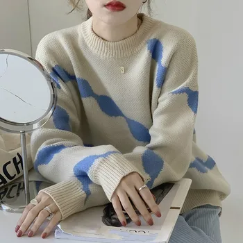2023 Новый осенне-зимний женский вязаный топ контрастного цвета, полосатый пуловер, свитер, Повседневный свитер с длинными рукавами и круглым вырезом, Viper