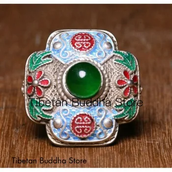 3 см Старинная китайская перегородчатая серебряная инкрустация Зеленый нефритовый цветок Ювелирное кольцо с рисунком