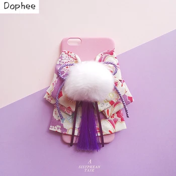 Dophee Japanese Girl Hanfu Защитные Чехлы для Apple Phone Из Кроличьей шерсти с Бантом-шариком 11 12 13 14 15 Promax Чехол Для Телефона iPhone Case