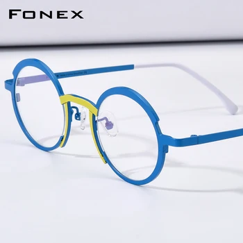 FONEX Красочная Титановая оправа для очков Женская Новая ретро мода Круглые очки по рецепту врача Оптические очки для близорукости F85773