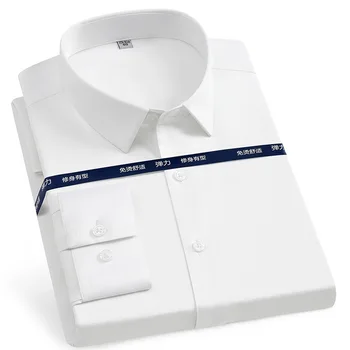 S ~ 6XL Мужская рубашка с длинным рукавом, эластичная, против морщин, мягкая, шелковистая, приталенная, без карманов, офисная, деловая, модная, социальная рубашка