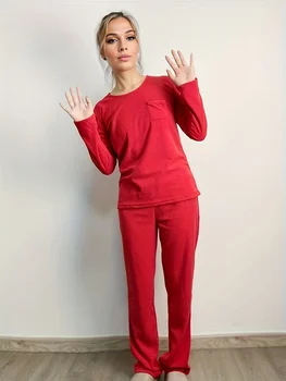 Schinotch Осенний женский однотонный пижамный комплект с круглым вырезом и длинными рукавами, теплые уютные комплекты одежды для отдыха из полярного флиса