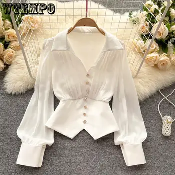 WTEMPO Элегантная женская блузка во французском стиле, Нерегулярная осенняя мода, офисные женские рубашки с длинными рукавами, топы с V-образным вырезом