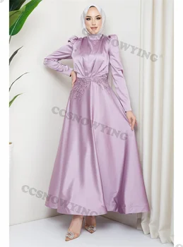 Аппликации, расшитые бисером мусульманские вечерние платья, Атласное исламское вечернее платье с длинным рукавом, Женский хиджаб, арабский кафтан, вечерний халат.