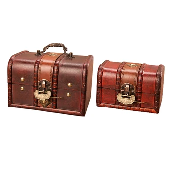 Винтажный Деревянный Сундук с сокровищами, Декоративный Ящик для хранения ювелирных изделий с металлическим замком
