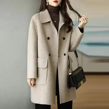 Двубортные свободные куртки для женщин, женское пальто, однотонная верхняя одежда, уличная одежда средней длины, утепленная, осень и зима