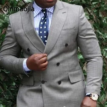 Двубортные серые мужские костюмы Slim fit, 2 предмета, деловая свадебная повседневная одежда для жениха, модная одежда для мужчин в африканском стиле, брюки на заказ