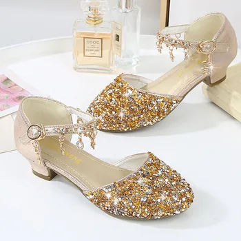 Детская кожаная обувь, обувь принцессы для девочек, блестящие сандалии с блестящими кристаллами на высоком каблуке, Детская танцевальная обувь, День рождения, свадьба CSH1317