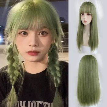 Длинные Прямые Синтетические Зеленые парики с челкой, женский Натуральный Пушистый парик для косплея в стиле Лолиты для ежедневной вечеринки