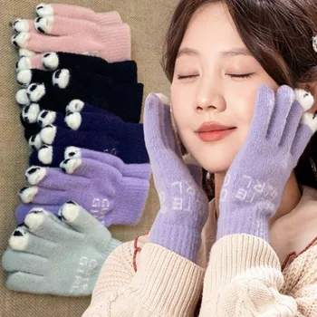 Для женщин Зимние пушистые перчатки с пандой, теплые вязаные перчатки без пальцев, шерстяной сенсорный телефон, варежки для девочек с полными пальцами