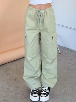 Женские модные свободные мешковатые брюки Y2K, однотонные брюки-карго с завязками на талии, брюки для бега трусцой с множеством карманов