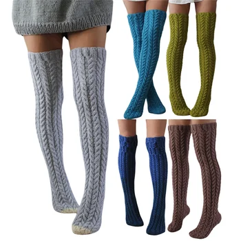 Женские чулки, Однотонные Длинные Носки, вязаные на шнуровке, Модные Гольфы до бедра, осень-Зима, теплые гетры выше колена