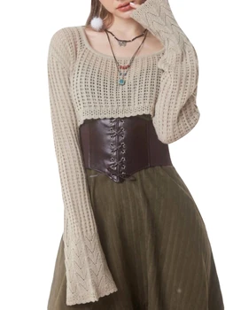 Женский вязаный свитер на шнуровке, укороченный топ с вырезом, пуловер с длинным рукавом и круглым вырезом, футболка свободного кроя