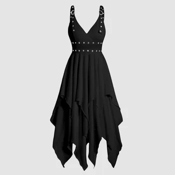 Женское однотонное готическое винтажное платье, однотонное многослойное платье с регулируемым ремешком, асимметричное платье миди без рукавов, костюм на Хэллоуин