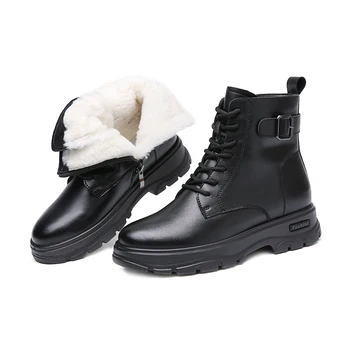 Зимние ботильоны из натуральной кожи, женские Зимние ботинки 2023, Черная дизайнерская обувь, женские повседневные элегантные ботильоны на массивной платформе на молнии