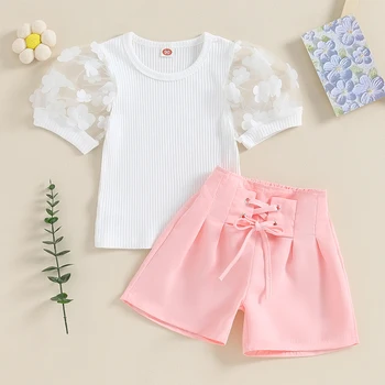 Комплект летней одежды Listenwind Kid для девочек, сетчатые топы с пышными рукавами и круглым вырезом и шорты на завязках, комплект одежды из 2 предметов