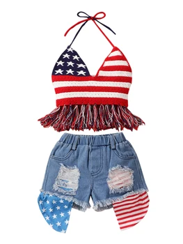 Комплект Одежды для маленьких девочек на 4 июля, футболка без рукавов в звездную полоску, жилет на бретелях, укороченные топы, комплект джинсовых шорт из рваной ткани