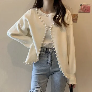 Корейская версия свитера, модный тренд, жемчужный свободный свитер, женский новый осенне-зимний однотонный кардиган с длинными рукавами