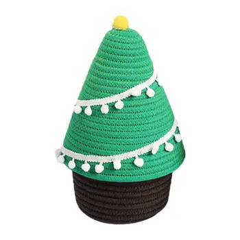 Корзина для хранения из хлопчатобумажной веревки с крышкой в виде Рождественской елки, Органайзер ручной работы для хранения конфет, одежды, игрушек