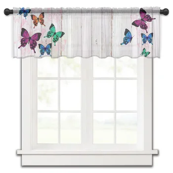 Короткая прозрачная занавеска на окно в стиле ретро Цвета бабочки, Тюлевые занавески для кухни, спальни, домашнего декора, Маленькие шторы из вуали