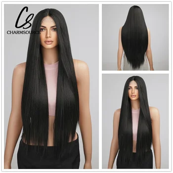 Кружевной парик CharmSource, черные Длинные Прямые парики, синтетические кружевные передние парики для женщин, вечерние, ежедневные, Высокое качество, высокая плотность