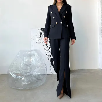 Куртка с длинным рукавом и пуговицами, пальто, топ, свободные брюки с разрезом, костюм для офисных леди, весенне-осенний блейзер, комплект из двух предметов для женщин 2023