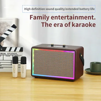 Мощный семейный комплект KTV Портативный Беспроводной динамик для караоке с двойным микрофоном, кожаная поверхность в стиле ретро, RGB-подсветка, K-Song Bluetooth для вечеринок, аудио