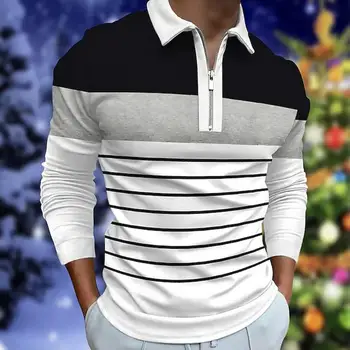 Мужской топ с воротником-молнией, мужская полосатая рубашка с длинным рукавом и застежкой-молнией, приталенный топ в деловом стиле на осень-весну в полоску