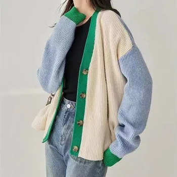Новый весенне-осенний вязаный кардиган, женский свитер, свободная верхняя одежда в ленивом стиле с V-образным вырезом, утолщенное женское трикотажное пальто