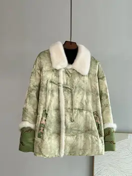 Новый пуховик в национальном китайском стиле с зеленой хлопковой подкладкой на пуговицах в виде лягушки, хлопковое пальто, куртка Женская осень и зима