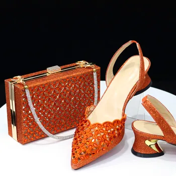Оранжевые женские туфли и сумка, Африканские женские сандалии, туфли-лодочки на среднем каблуке, сочетаются с сумочкой, кошельком, клатчем Escarpins Femme CR522