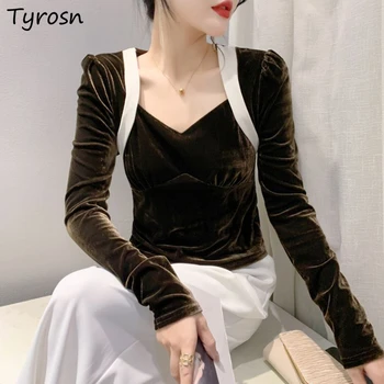 Осенне-зимние бархатные блузки с длинными рукавами, женская одежда, винтажный дизайн в стиле пэчворк, элегантные женские облегающие модные топы в корейском стиле