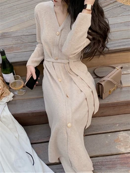 Осенняя женская одежда 2022, вязаные толстые винтажные теплые элегантные платья, однотонное Корейское зимнее платье-свитер, женское однобортное