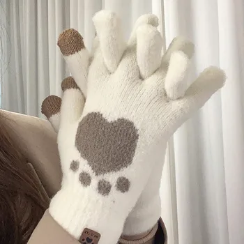 Перчатки с сенсорным экраном с рисунком кошачьей лапы Для женщин, зимние перчатки, варежки из искусственной шерсти, Мягкие Пушистые перчатки для катания на лыжах на открытом воздухе