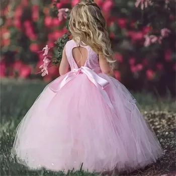 Платье с цветочным узором для девочек Розовое Пушистое Платье для Первого Причастия принцессы, детское платье для гостей на День рождения, Свадебное платье для церемонии
