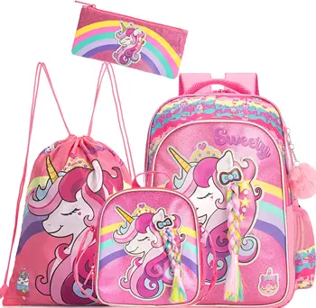 Рюкзак с единорогом для девочек, школьные рюкзаки, милая детская сумка для книг с ланч-боксом, сумка на шнурке для учащихся начальных дошкольных учреждений
