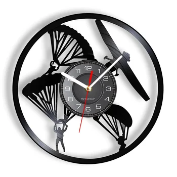 Спортивные настенные часы для прыжков с парашютом из настоящей виниловой пластинки, самолет, пилот вертолета, прыжки с парашютом, современные настенные часы со светодиодной подсветкой, поделки