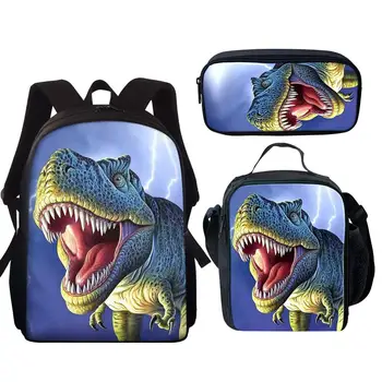 Студенты Мальчики девочки Рюкзак с динозавром Школьная сумка Набор школьных ранцев с 3D принтом Рюкзак Сумка для ланча и пенал Мультяшная сумка для ноутбука