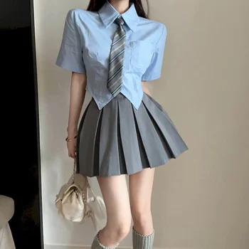 Униформа JK Летние костюмы в Японском Корейском стиле Женское платье в стиле опрятности Синяя рубашка с короткими рукавами Комплект плиссированных юбок с высокой талией