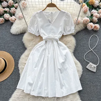 Французское белое платье, летнее платье с перекрестной завязкой на талии, рукав-пузырек, платье для свиданий Sen Sweeten