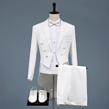 Черно-белый костюм для выступления на свадебной вечеринке, официальный смокинг жениха, комплект из 4 предметов, куртки, Брюки, подарочный пояс с бантом