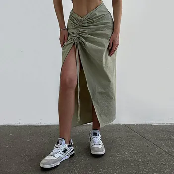 Эстетика 90-х, базовые юбки-карго с заниженной талией и завязками по бокам, уличная одежда Y2k, однотонная сексуальная юбка миди с разрезом, женская летняя одежда