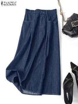 Юбки ZANZEA с уличными карманами, модные женские длинные юбки Demin, миди-юбки с высокой талией, повседневные свободные эластичные фалды на молнии спереди и сзади.
